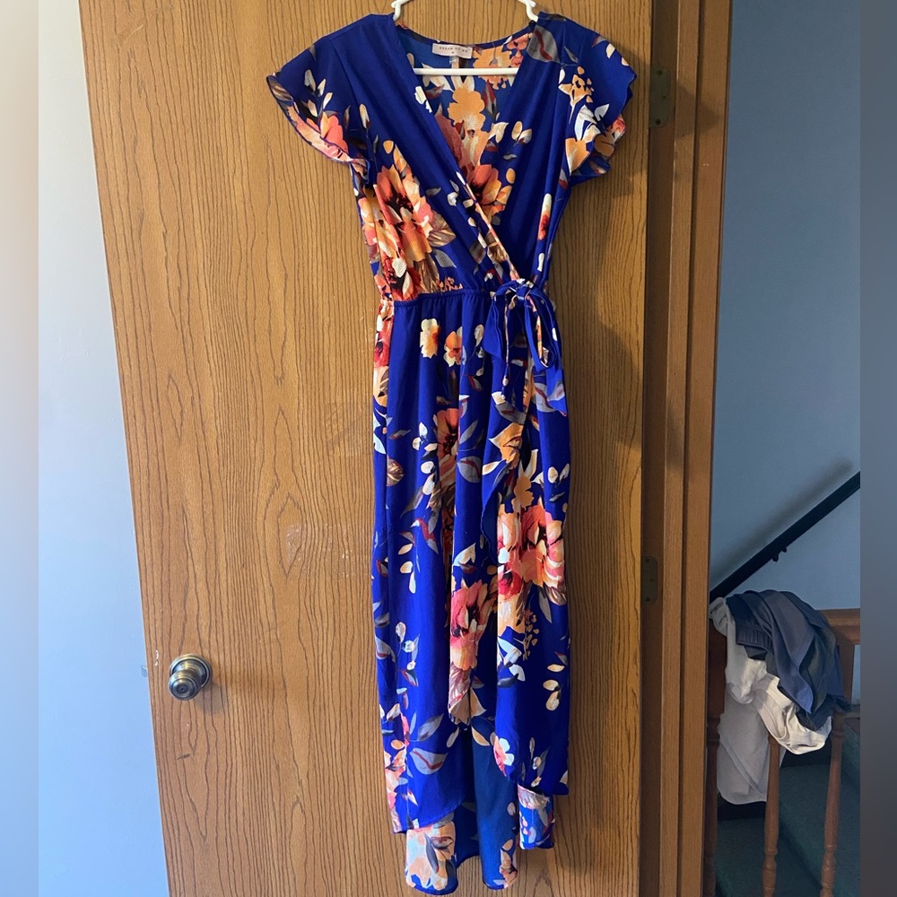 Dream of Me blue high/low flutter sleeve floral wrap dress